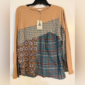 Easel Tan and Blue Plaid Top NWT